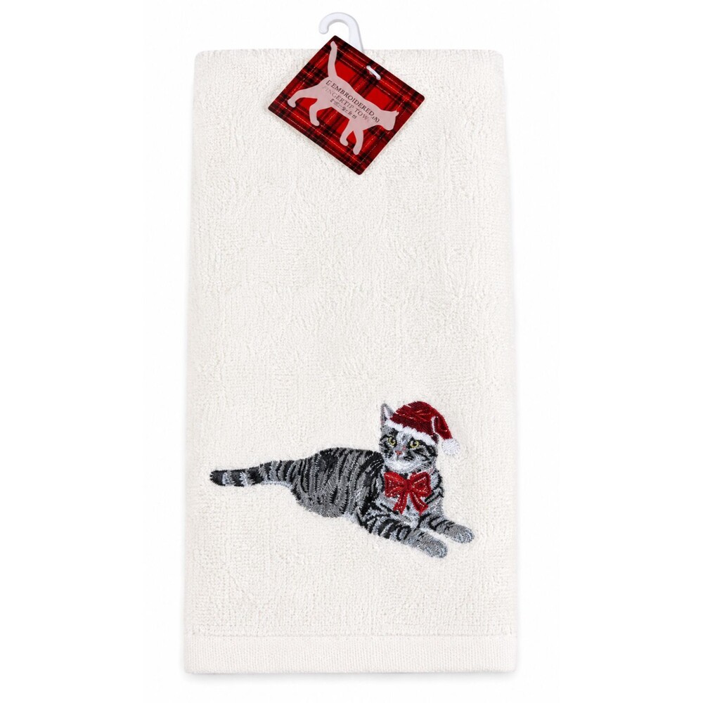 Christmas Hand Towels Set of 2 Gray Striped Tiger Cat Embroidered Cotton 16x26